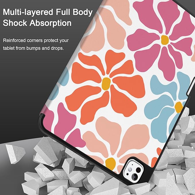 MEEgoodo Case for M5 iPad Pro 11 inch 2025/M4 iPad Pro 11 inch Case 2024, Tablet Cover with Trifold Stand & Pencil Holder & Auto Wake/Sleep & Soft TPU Back Cover, Minimalist Style Floral