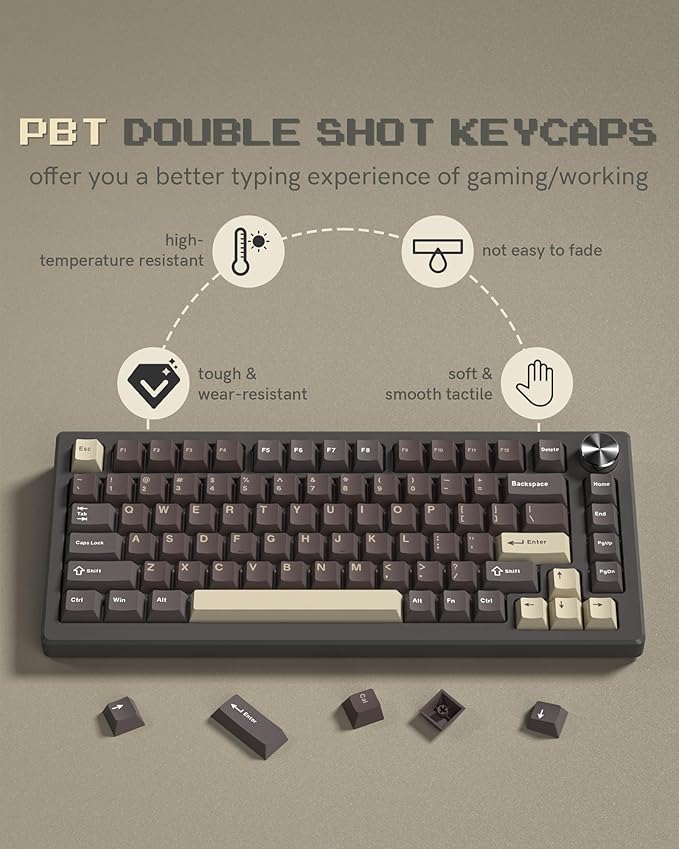 Double Shot PBT Keycaps Set 130 Keys, Cherry Profile Custom Keycaps 60 65 75 100 Percent for 61/64/68/84/87/100/104/108 Retro Gaming Mechanical Keyboard, Brown Coffee