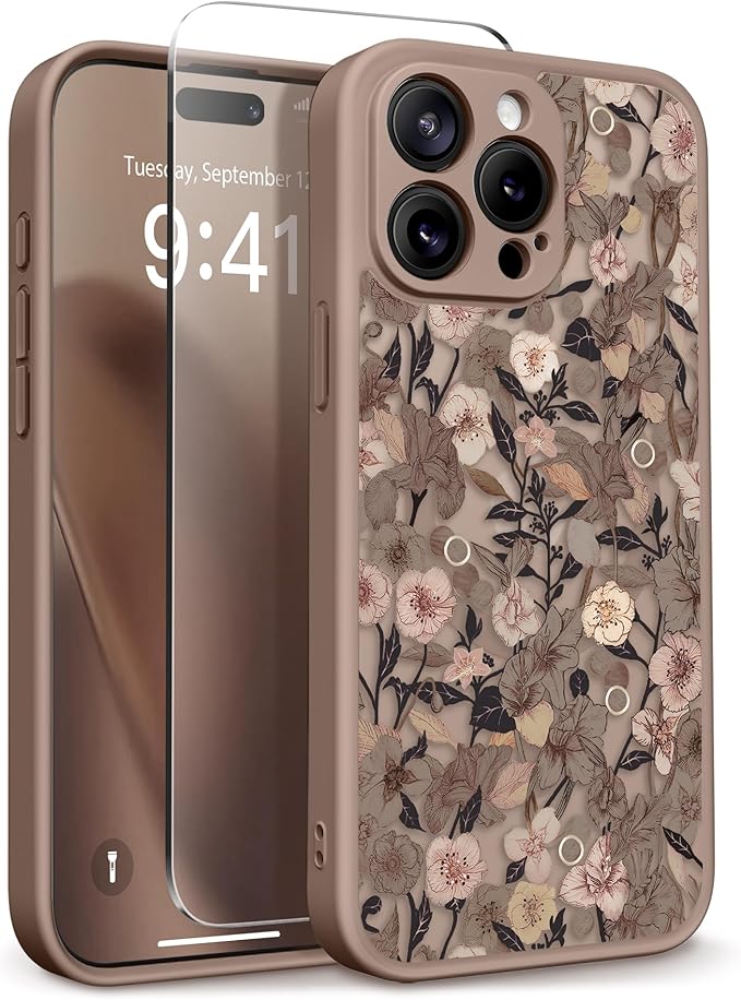 GVIEWIN for iPhone 15 Pro Case Compatible with MagSafe, [Military Grade Protection] [Screen Protector] Full Camera Protection Floral Translucent Women Magnetic Phone Case, Apricot Blossom/Brown