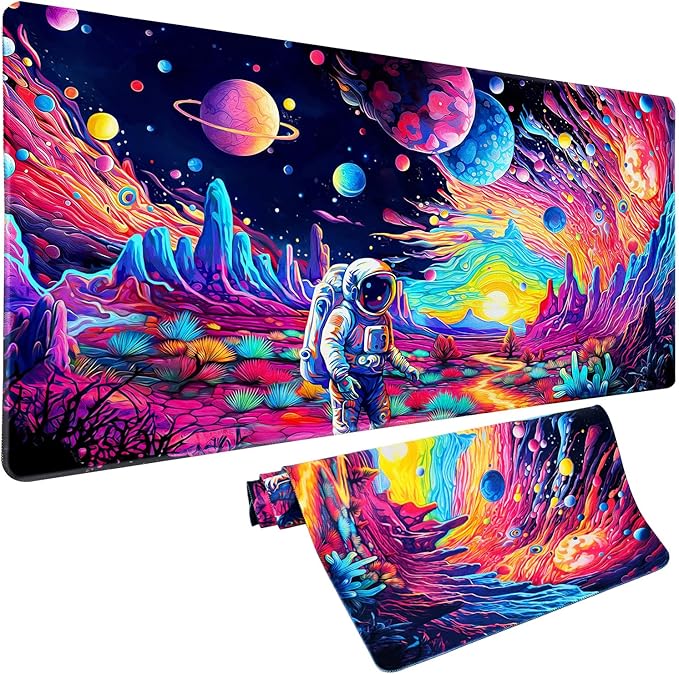 Cyberpunk Astronaut Mouse Pad Desk Mat Fantasy Planet Space Large Gaming Mouse Pad Anime Desk Pad Mousepad XL Extended Keyboard Mat Futuristic Cosmic Adventure Mouse Mat, Waterproof, 31.5 x 11.8 in