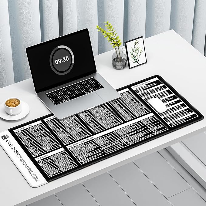 Excel Shortcut Keys Mouse Pad, Large Extended XL XXL Cheat Sheet Gaming Mouse Pad, Office Spreadsheet Desk Mat, Long Big Keyboard Mat, Desk Pad for Desktop, Non-Slip, Stitched, 35.4" x 15.7", Black