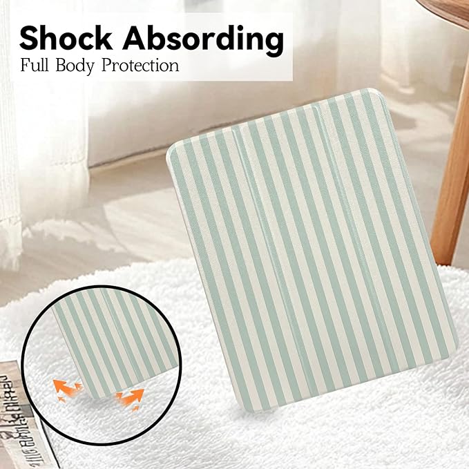 Lovmooful Compatible for iPad Pro 11-Inch,2022/2021/2020/2018 Model(4th/3rd/2nd/1st Generation) Case with Pencil Holder Cute Striped with Aesthetic Design Soft TPU Trifold Stand Protective-Green
