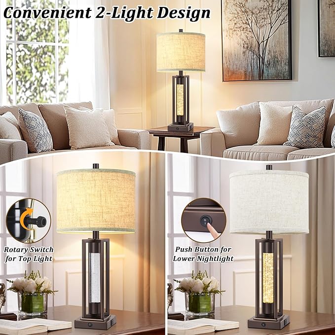 TOBUSA 26’’ Vintage Table Lamps for Living Room Set of 2, Farmhouse Lamps for Bedroom with 2 USB Ports and Crystal Night Light, Rustic Bedside Lamps with Linen Shade for Night Stands End Table, Brown