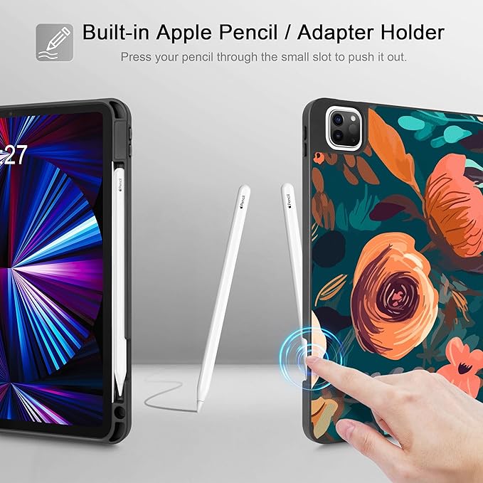 May Chen Case for iPad Pro 11 inch (4th, 3rd, 2nd & 1st Gen) 2022 2021 2020 2018, Trifold Stand + Pencil Holder + Auto Wake/Sleep + Soft TPU Protective Stand Back Cover, Abstract Florals