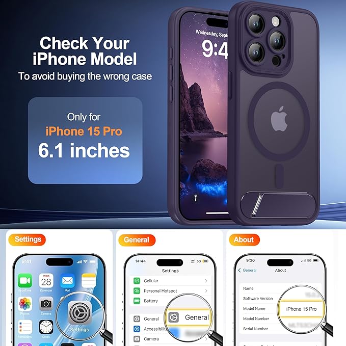 Magnetic for iPhone 15 Pro Case, [Built-in Kickstand][Full Camera Protection][Compatible with MagSafe][Anti-Fingerprint] Shockproof Phone Case for iPhone 15 Pro 6.1",Purple