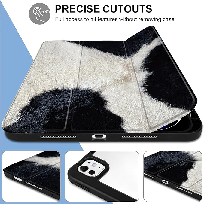 TWOLSKOO Case for iPad Pro 11-inch (M5 2025 / M4 2024), Clear Acrylic Back with TPU Bumper, Pencil Holder, Trifold Stand, Auto Sleep/Wake, Cow Print