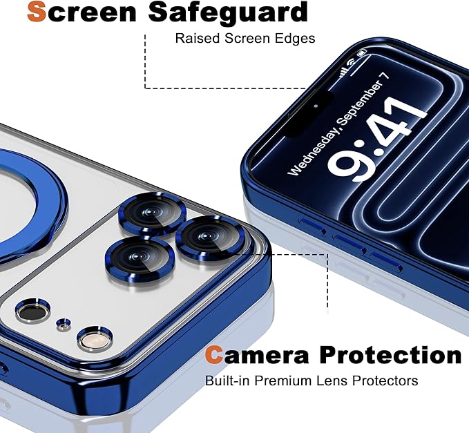 Compatible with iPhone 17 Pro Max Case with Magnetic Ring Stand [Compatible with Mag-Safe] [Full Camera Lens Protector] Plating Clear Phone Case for iPhone 17 Pro Max 6.9", Blue