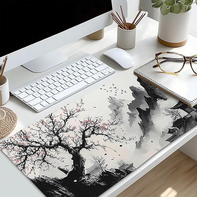 Japanese Anime Art Landscape Large Mouse Pad Large Extended Mouse Pad 31.5”x11.8” Non-Slip Rubber Base Full Desk Pad Japanese Sakura Gaming Keyboard Mat with Stitched Edges for Home Office Gaming Work