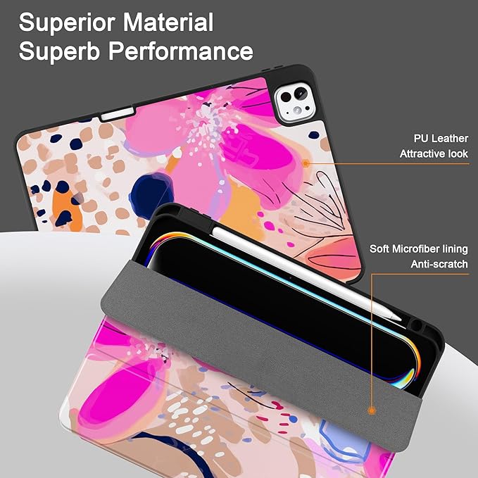 DONGKE Case for iPad Pro 11 inch (M5 2025 / M4 2024, 6th & 5th Generation) – [Built-in Pencil Holder] Ultra Slim PU Leather Trifold Stand Cover with Soft TPU Back, Auto Wake/Sleep, Floral Artistic