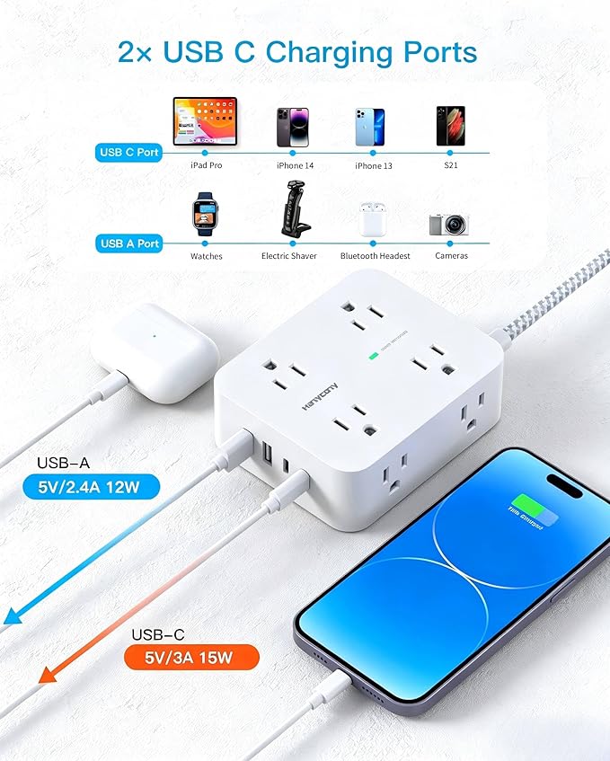 HANYCONY 10 Ft Braided Extension Cord with Ultra-Thin Flat Plug, 8 Widely Spaced Outlets & 4 USB Ports (2 USB C), 1080J Surge Protector Power Strip for Home Office, Dorm Room Essentials, Wall Mount