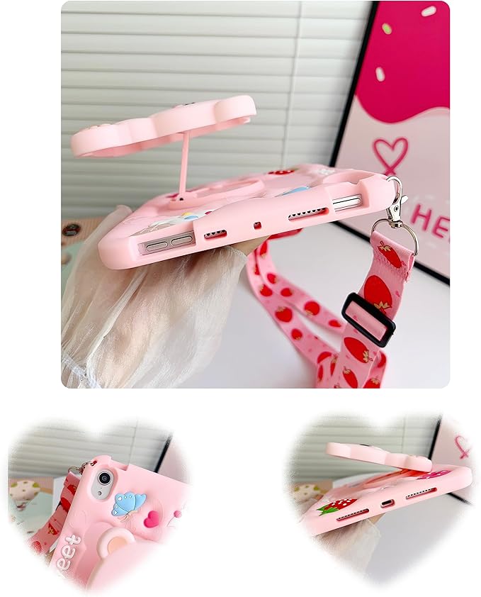 for iPad mini 6/7 Case for Girls- 8.3 inch iPad mini 7th Generation A17 pro Soft Silicone Cover with Pencil Holder,Shoulder Strap & Stand for School,Cute Bear Strawberry Gift for Teen Kids