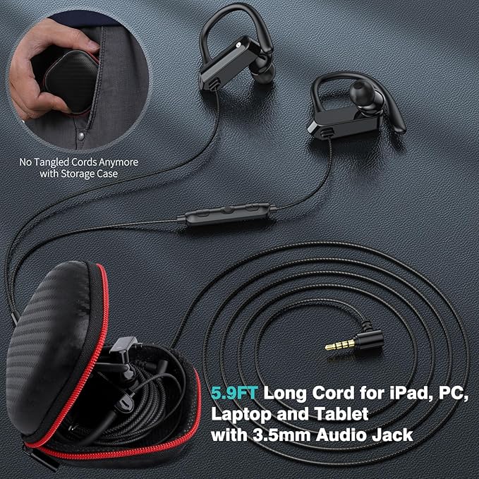 5.9FT Long Cord Wired Earbuds for Chromebook Laptop, 3.5mm Jack Plug Over Ear Hook Headphones for PC Student Kid School, Noise Isolate HiFi Stereo Audio Wrap Around Earphones In Ear Headset for Moto G