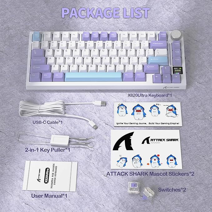 ATTACK SHARK X820 Ultra 75% Wireless Gaming Mechanical Keyboard Hot-Swappable Gasket Mount RGB Backlit BT/2.4G/Wired Custom Keyboard with Smart TFT Display&Knob QMK Driver-Starlight White&Gift Switch