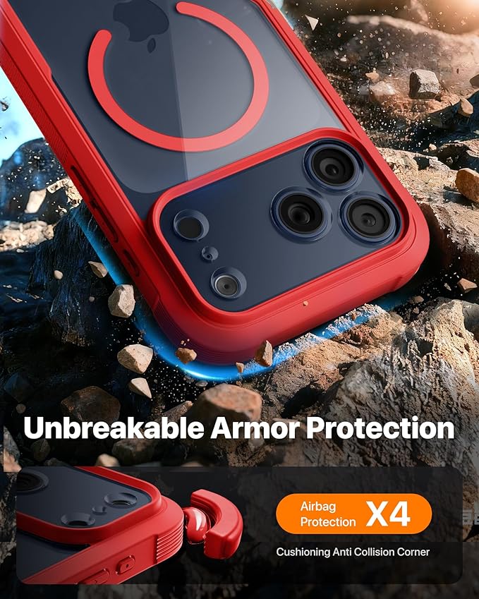 Diaclara Magnetic Designed for iPhone 17 Pro Max Case Full Body Bumper,[Compatible with MagSafe] Military Drop Proof Cover with Built-in Touch Sensitive Anti-Scratch Screen Protector,Red