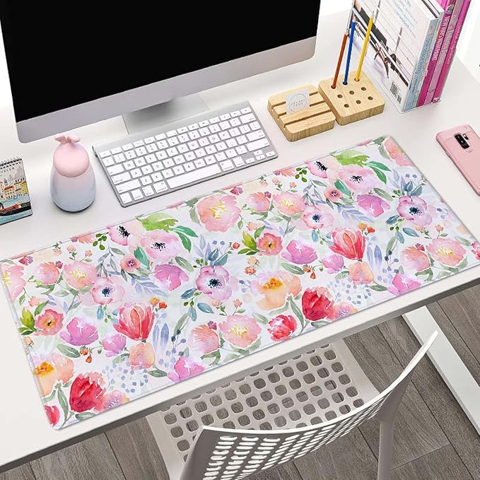 Watercolor Floral Botanical Pattern Desk Mat, Extended Big Mouse Mat for Home and Office, Large Gaming Mousepad Laptop Keyboard Mat with Non-Slip Rubber Base, Stitched Edges (31.50"x11.8"x0.12")