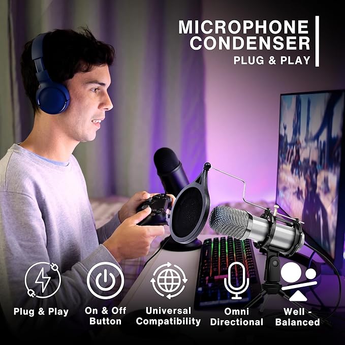 Omnidirectional Condenser Podcast Microphone for Computer - USB Microphone for PC - Gaming Mic for Streaming PC - Recording Mic for Singing w/Pop Filter, Shock Mount & Tripod - Music Studio Equipment