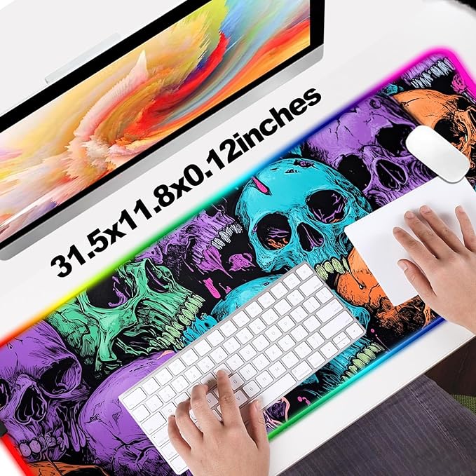 RGB Scary Skull Gaming Desk Mat, Computer Keyboard Large Extended Cool Multi-Color Skull LED Mouse Pad for Office and Home, 31.5×11.8 Inches, XL