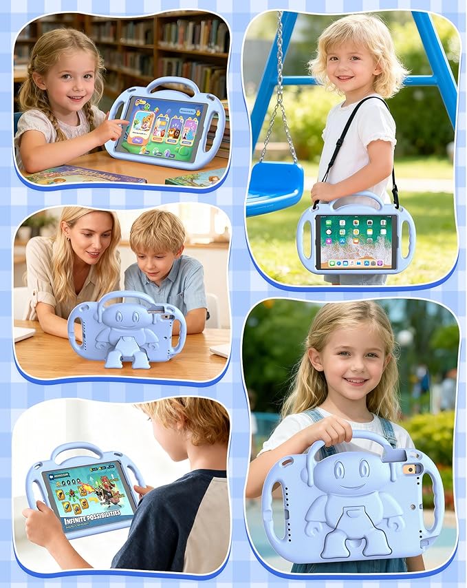 Kids Case for iPad 5th/6th Generation (9.7 inch, 2017/2018) & iPad Air 1/2 9.7" & Pro 9.7, Durable Shockproof Lightweight Kids Cover with Shoulder Strap/Handle/Kickstand, Light Blue