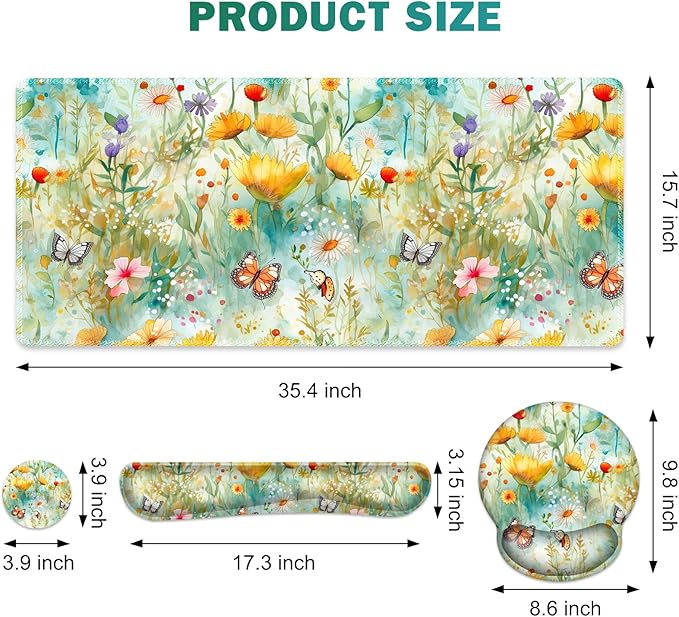 Gaming Mouse Pad, Large Desk Mat, Cute Desk Pad Protector, 4in1 XXL Mousepad + Keyboard Wrist Rest+Mouse Wrist Rest+Coaster Set with Ergonomic Desk Pad for Home Office PC Computer, Yellow Flowers