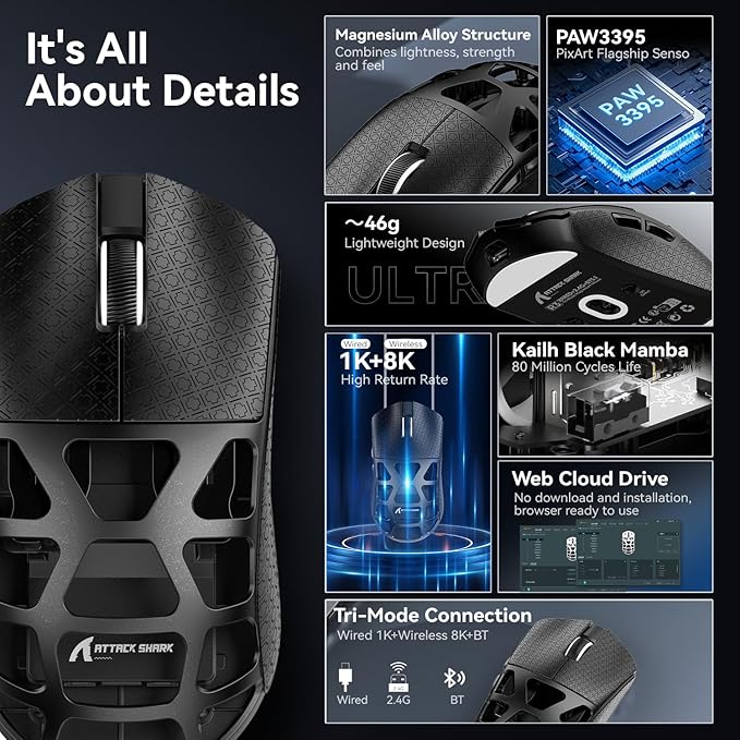 ATTACK SHARK R3 46g Superlight Magnesium Alloy Wireless Gaming Mouse, BT/2.4G/Wired Computer Mouse, 8KHz Polling Rate, PAW3395 26K DPI Sensor Programmable Mice Griptape for PC/Laptop/Mac (Black)