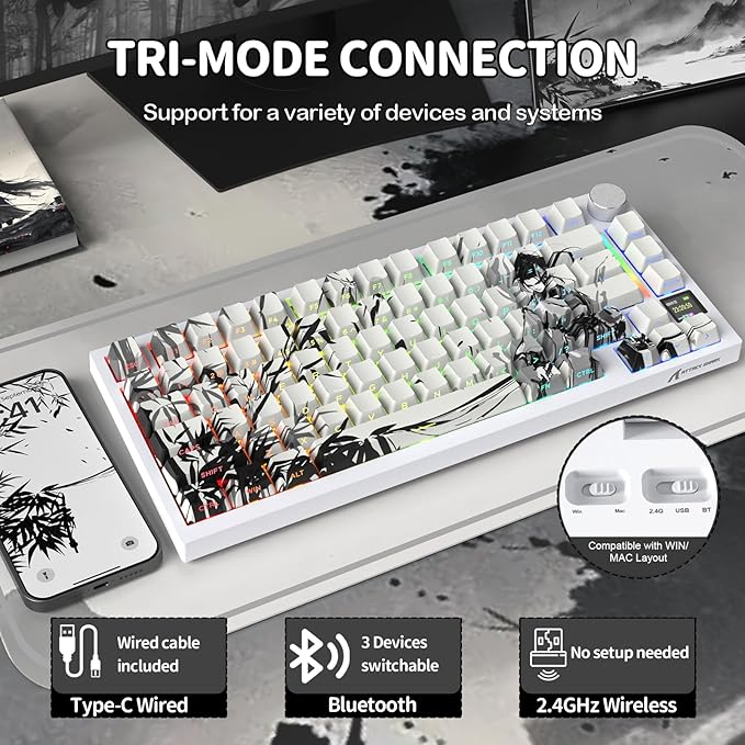 ATTACK SHARK X820 Ultra 75% Wireless Gaming Mechanical Keyboard Hot-Swappable Gasket Mount RGB Backlit BT/2.4G/Wired Custom Keyboard with Smart TFT Display&Knob QMK Driver-Ink Bamboo&Gift Switch