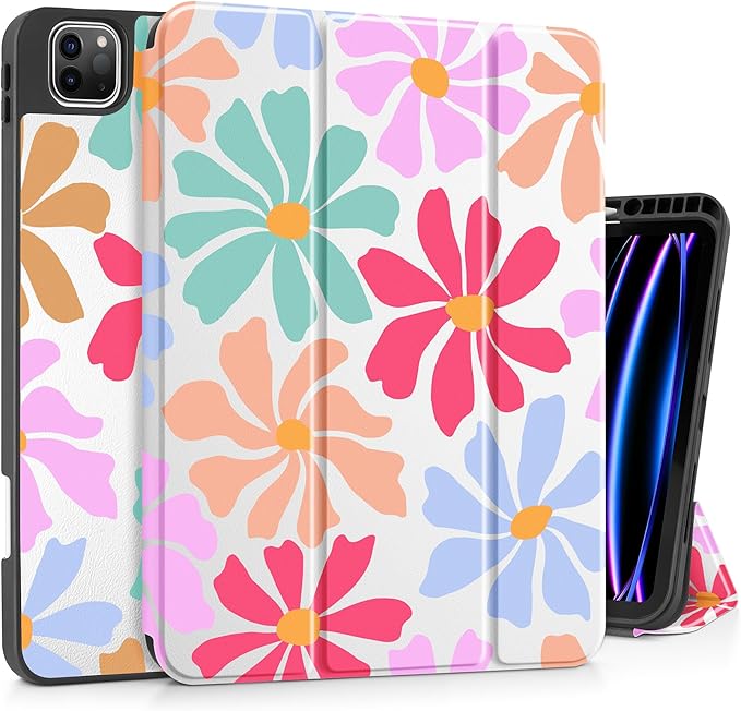 May Chen for iPad Pro M2 12.9 Case 6th/5th/4th/3rd Generation 2022 2021 2020 2018 Trifold Stand + Pencil Holder + Auto Wake/Sleep + Soft TPU Protective Stand Back Cover, Groovy Flower