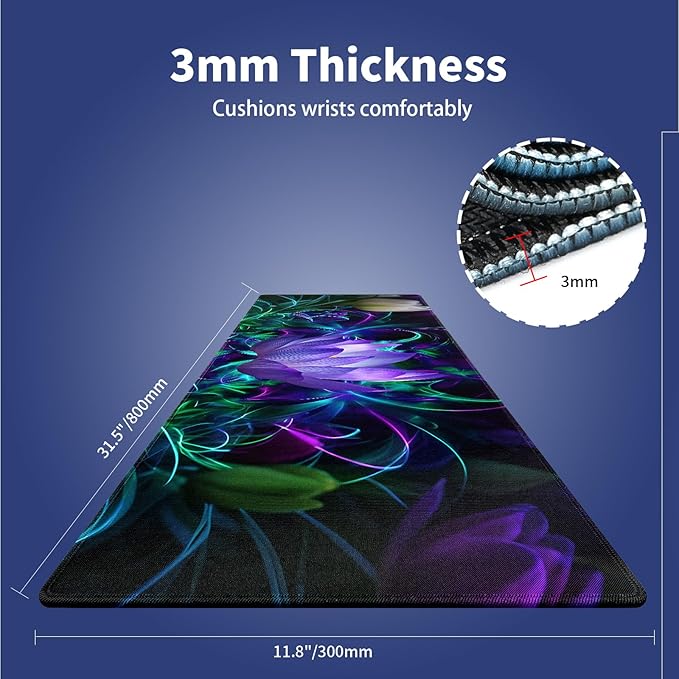 XXL Gaming Mouse Pad with Stitched Edges - Abstract Modern Neon Lotus Painting Purple Glowing Flowers Blossom, Smooth Cloth Surface Anti-Slip Rubber Base Large Desk Mat for Mice & Keyboard