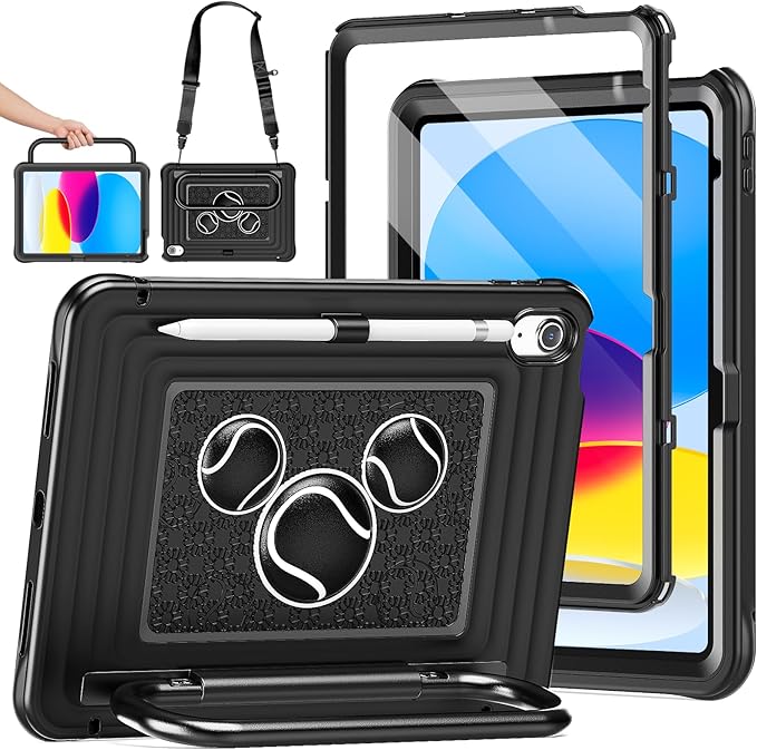 KAIJIAbox Kids Case for iPad A16 11th Generation 11 inch 2025/10th Generation 10.9” 2022- Military-Grade Rugged Drop Protection with Metal Handle/Stand, Screen Protector,Shoulder Strap-Black