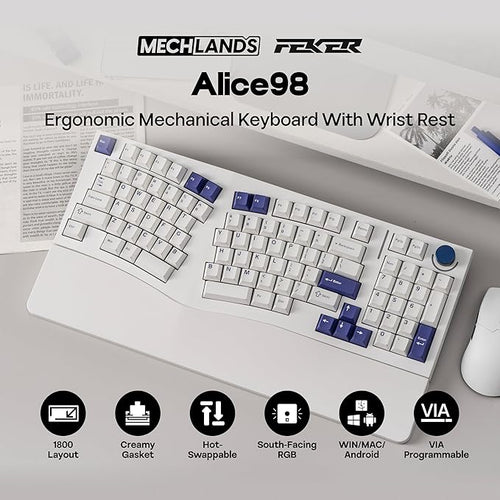 MechLands Feker Alice98 Ergonomic 98 Keys Custom Mechanical Keyboard, VIA Programmable, USB-C Wired Gaming Keyboard, Hot Swappable, 5 Layer Paddings, Control Knob, NKRO, RGB for Win/Mac (White)