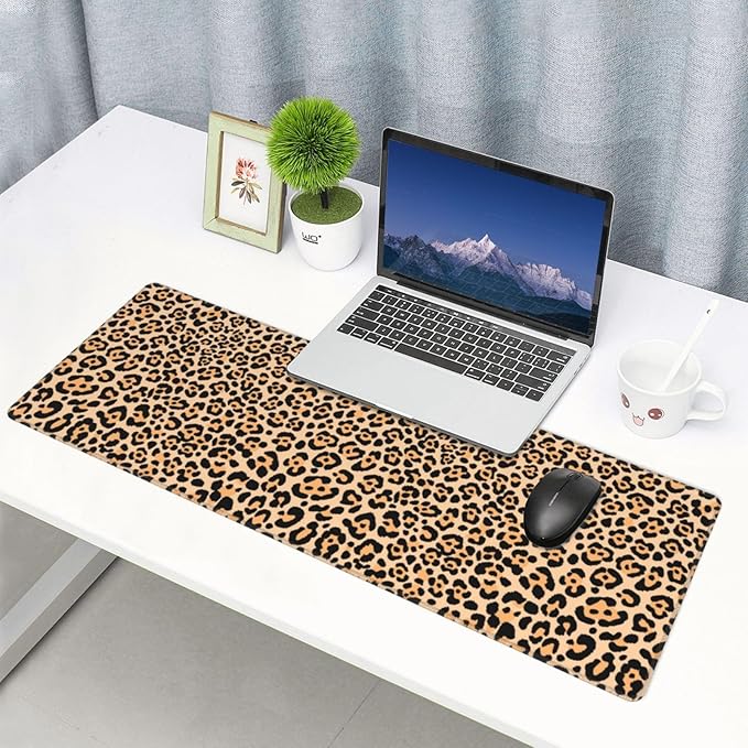 Leopard Animal Print XL Large Mouse Pad with Stitched Edges Long Non-Slip Rubber Base Mousepad Cheetah Laptop Keyboard Mat Desk Pad for Office Home Desk Decor, 31.5" X 11.8"