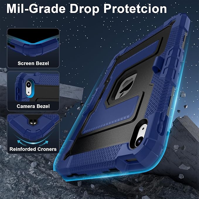 Kids Friendly Case for iPad A16 11th Generation 11 Inch 2025 / iPad 10th Generation 10.9" 2022 Case with Pencil Holder & Shoulder Strap, Hybrid iPad 11 10 Cover Rugged Shockproof Kickstand,Blue+Black