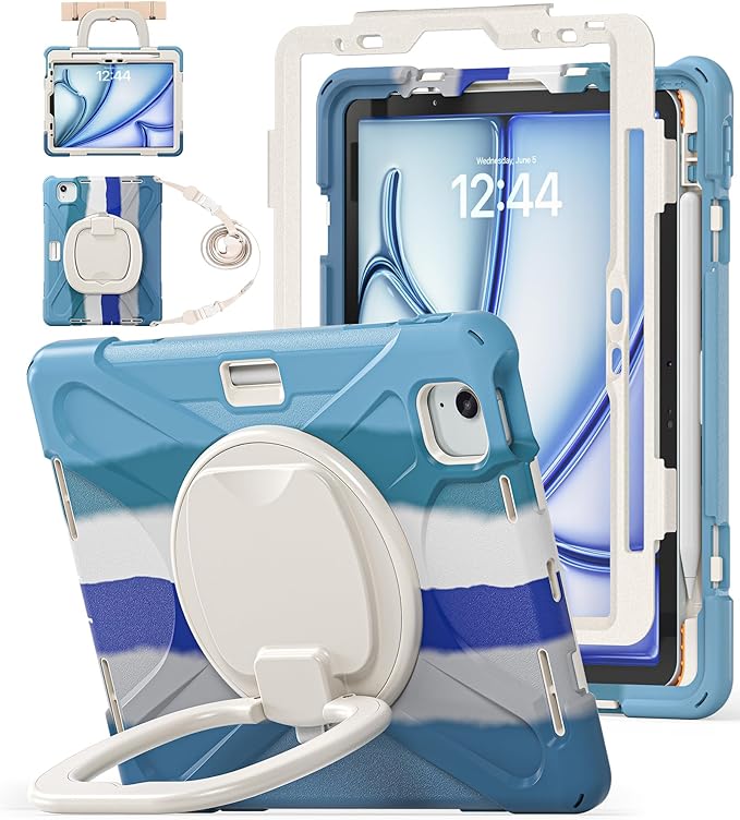 BATYUE Case for Air 11-inch M4 (2026)/ M3 (2025)/ M2 (2024), iPad Air 5th/4th 10.9 inch(2022/2020), iPad Pro 11" 4th/3rd/2nd/1st Kid Cover with 360° Rotating Stand, Pencil Holder, Strap, Blue