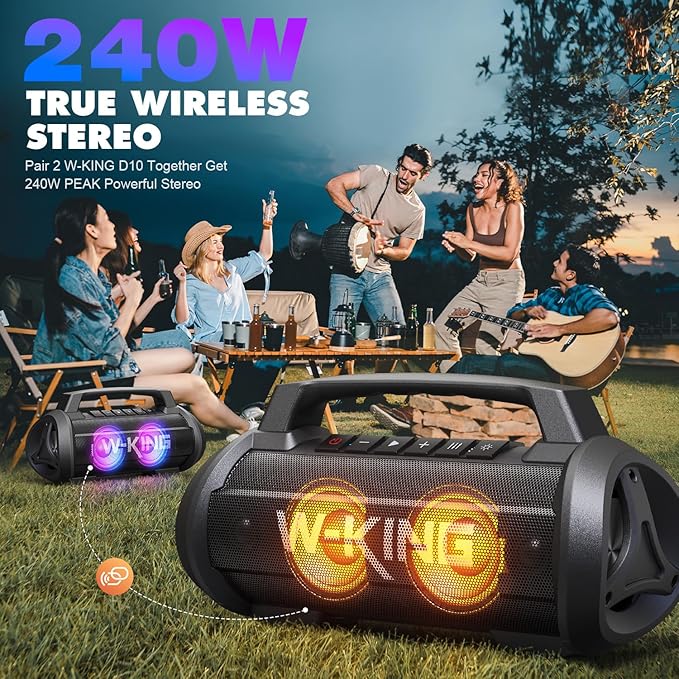 W-KING Portable Speakers Bluetooth Wireless, 120W Max Loudest Bluetooth Speaker, IPX6 Waterproof Outdoor Speaker with 70W Deep Bass/2*Subwoofer/DSP/EQ/42H/LED/MAC-in/TF/2 Pairing, Large Party Boombox