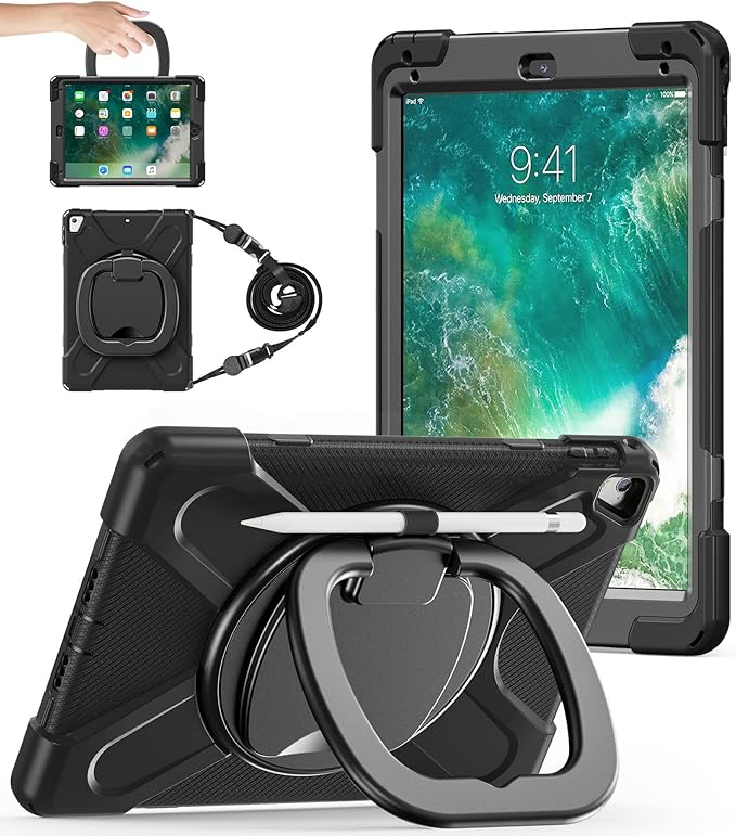 BATYUE Case for iPad 6th Generation 9.7 inch 2018, iPad 5th Gen 2017, iPad Air 2/ iPad Pro 9.7'',Shockproof Protective Cover with Pencil Holder &Rotating Bracket &Shoulder Strap (Black)