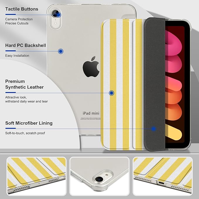 DONGKE for iPad mini 7 (A17 Pro) 2024 & iPad mini 6 2021 8.3 Inch, Slim Foldable Stand Hard PC Translucent Back Shell Smart Cover for iPad mini 7th/6th Generation [Auto Wake/Sleep] - Yellow Stripes