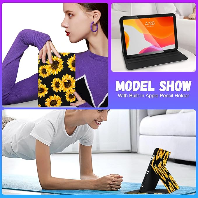 Uppuppy for Apple iPad Air 1st/2nd Gen,for iPad Pro 9.7''Case CuteWomen Girls Teens Girly Folio Sunflower Flowers Design Cover for iPad 5/6,Air 1/2,Pro 9.7,4-for iPad 9.7-Black Sunflower