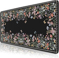 HAOCOO Floral Desk Pad for Keyboard and Mouse, Black Mouse Pad with Non-Slip Rubber Base, XXL Keyboard Mat with Edge Stitching, Soft Computer Mat, Gaming, Office Aesthetics