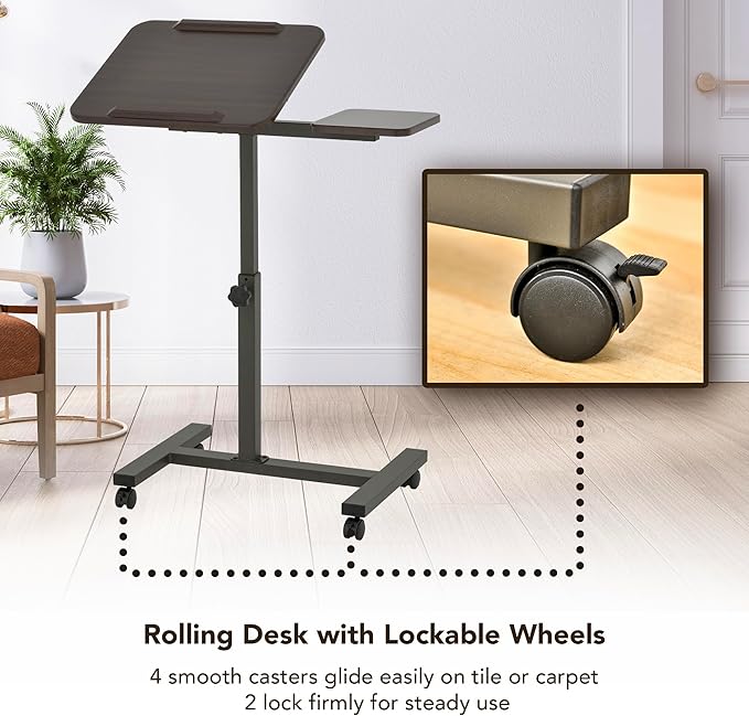 Displays By Jack Adjustable Height Rolling Laptop Desk with Tilting Top & Side Shelf – Mobile Sit Stand Computer Table on Wheels for Home Office, Classroom, Study Room
