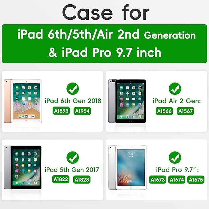 Andnary Case for iPad 6th/5th Generation 9.7 inch 2018/2017 Case, iPad Air 2/Pro 9.7 inch Heavy Duty Protective Cover with 360° Rotate Handle Stand, Pencil Holder, Shoulder Strap (Navy+Green)