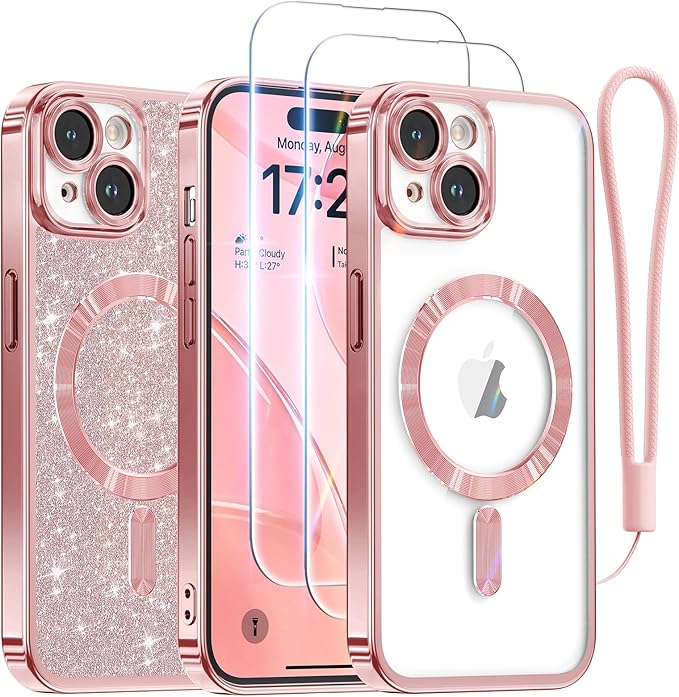 Meifigno for iPhone 15 Case 6.1", [Glitter Card & Wrist Strap] [Compatible with MagSafe] [2X Screen Protectors] Surround Raised Camera Lens Protection for iPhone 15 Case, Rose Gold