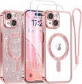 Meifigno for iPhone 15 Case 6.1", [Glitter Card & Wrist Strap] [Compatible with MagSafe] [2X Screen Protectors] Surround Raised Camera Lens Protection for iPhone 15 Case, Rose Gold