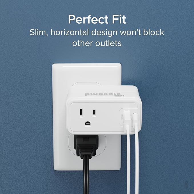 Plugable Outlet Extender with USB-C & USB-A Fast Charging - Wall Charger Block for iPhone 15/16. Pass-Through Design, Travel & Office