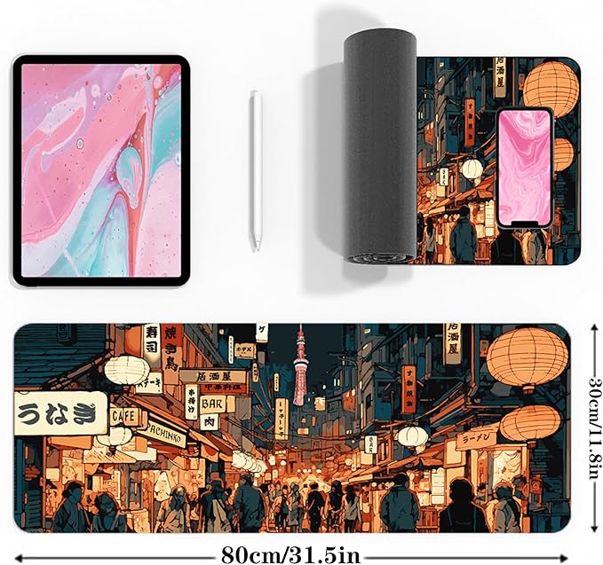 Japanese Street Gaming Mouse Pad Large,Anime Mouse Pad Gaming Mouse Mat Desk Pad,31.5 x 11.8 Desk Mat Anime Mouse Pads for Desk,Extended Keyboard Mousepad with Non-Slip Base and Stitched Edge