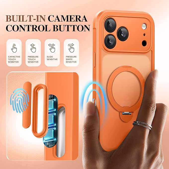 BERFY for iPhone 17 Pro Case, Compatible with MagSafe, Built in Privacy Screen Protector, Shockproof Full Body Phone Case for 17 Pro with Magnetic Stand, Translucent Orange