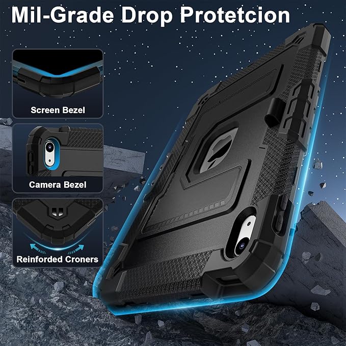 Kids Friendly Case for iPad A16 11th Generation 11 Inch 2025 / iPad 10th Generation 10.9" 2022 Case with Pencil Holder & Shoulder Strap, Hybrid iPad 11 10 Cover Rugged Shockproof Kickstand,Black