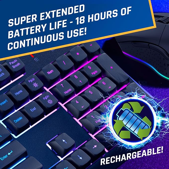 KLIM Chroma Wireless Keyboard and Mouse – RGB Backlit Gaming Combo, Rechargeable Wireless Keyboard & RGB Mouse, Durable & Ergonomic, Dual USB Receivers, Compatible with PC, Mac, PS4, PS5