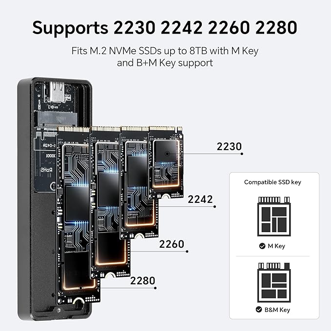 Thermalright M.2 NVMe SSD Enclosure, HR-EB110 AC Black, USB3.2 Gen2 10Gbps USB-C External SSD Case, CNC Aluminum Housing, Supports PCIe 2230 2242 2260 2280, Up to 8TB