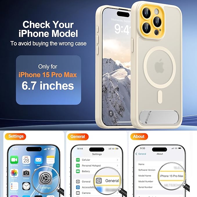 Magnetic Compatible with iPhone 15 Pro Max Case, [Built-in Kickstand][Full Camera Protection][Compatible with MagSafe][Anti-Fingerprint] Shockproof Phone Case for iPhone 15 Pro Max 6.7",Beige & Yellow