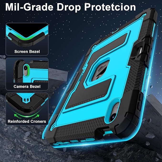 Kids Friendly Case for iPad Air 11 Inch M4 M3 M2 2026/2025/2024 Case with Pencil Holder & Shoulder Strap, Military Grade Shockproof Kickstand Hard Shell Protective Cover,Black+Blue