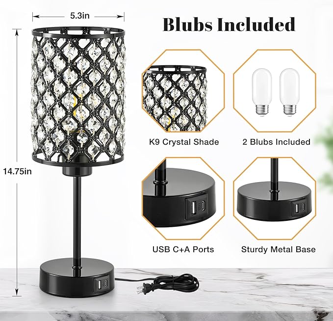 GyroVu Touch Control Table Lamp, Black Crystal Table Lamps Set of 2 with 2 USB Charging Ports, Dimmable Bedside Nightstand Lamps for Living Room, Bedroom, Guest Room, Bulbs Included